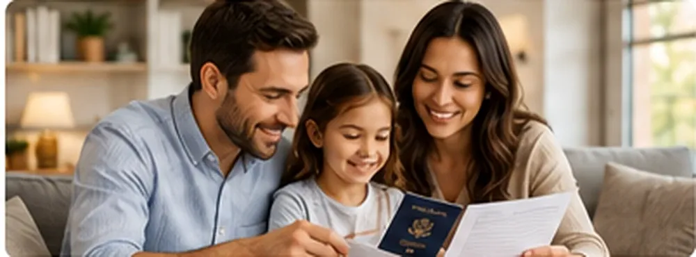 Family preparing a child's passport paperwork