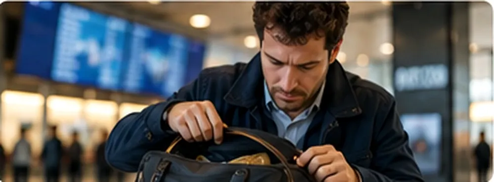 Traveler checking a travel bag at an airport