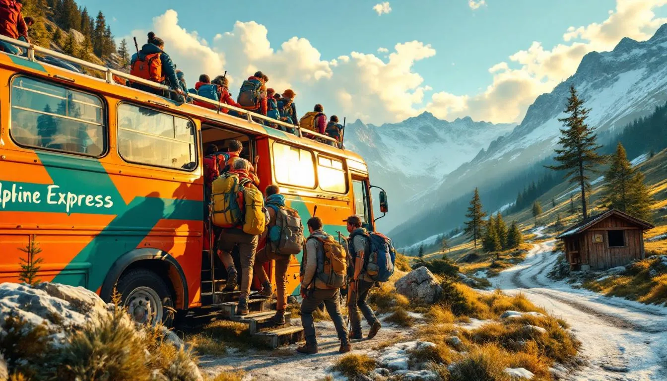 A group of travelers with backpacks is boarding a vibrant, colorful local bus in a mountainous region, ready to embark on their next adventure. This scene captures the spirit of exploration and the excitement of discovering new cultures while traveling the world for free.