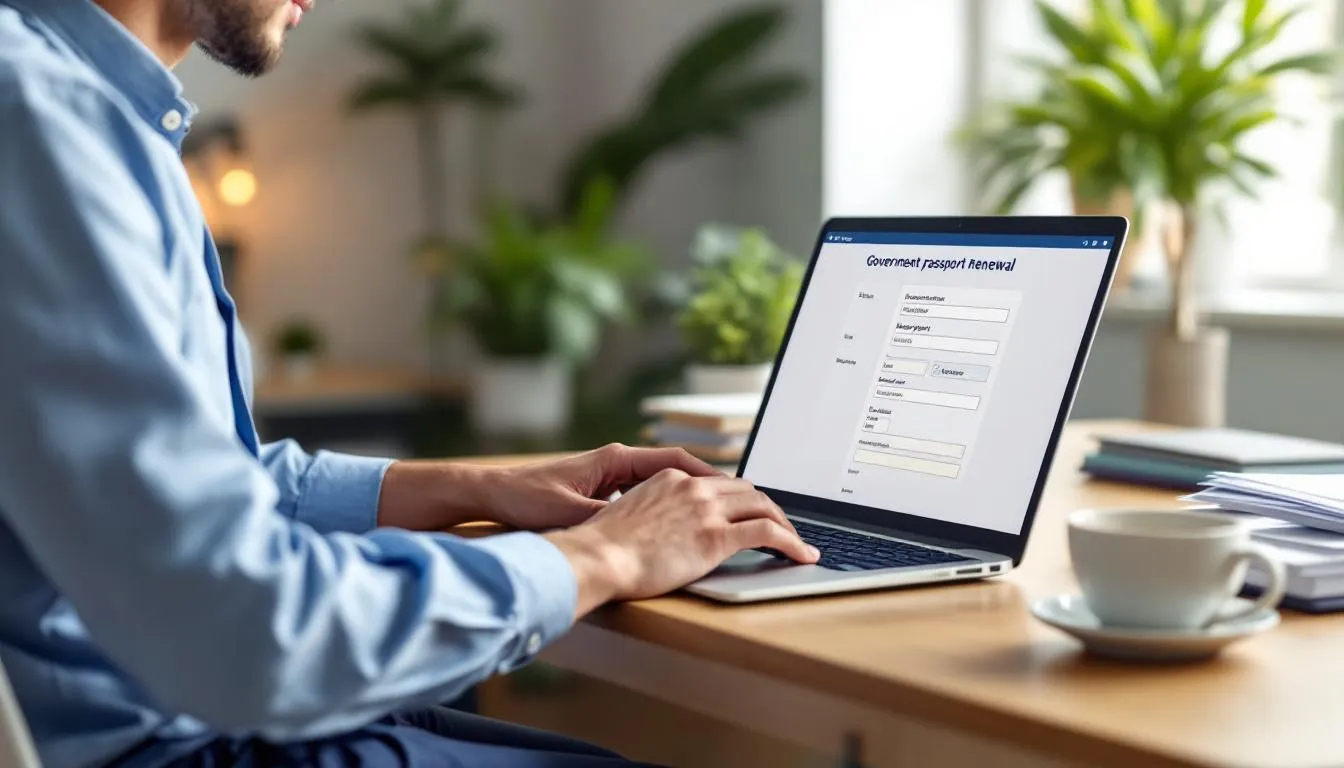 A person is sitting at a desk, using a computer to submit their online passport renewal application, which includes filling out forms and uploading supporting documents for their new passport. The screen displays the online passport renewal system, indicating the steps needed to renew their passport for upcoming international travel.