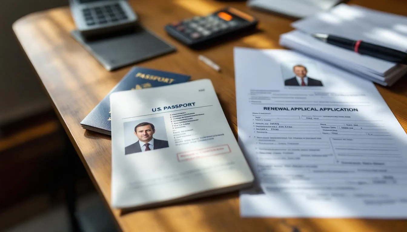 The image shows a US passport alongside renewal application documents on a desk, illustrating the process of renewing a passport, which can be completed through online services or at passport agencies. The documents include forms and supporting documents necessary for obtaining a renewed passport for international travel.