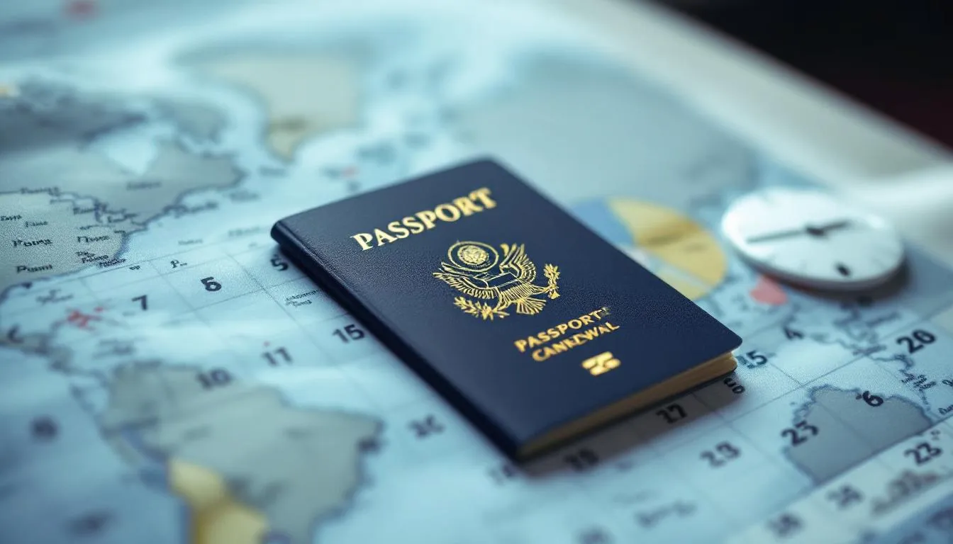 The image depicts a calendar marked with optimal passport renewal timing, highlighting travel dates for international trips. It emphasizes the importance of renewing your passport online to ensure timely processing, especially for vacations abroad, with notes on typical processing times of four to six weeks and expedited options.