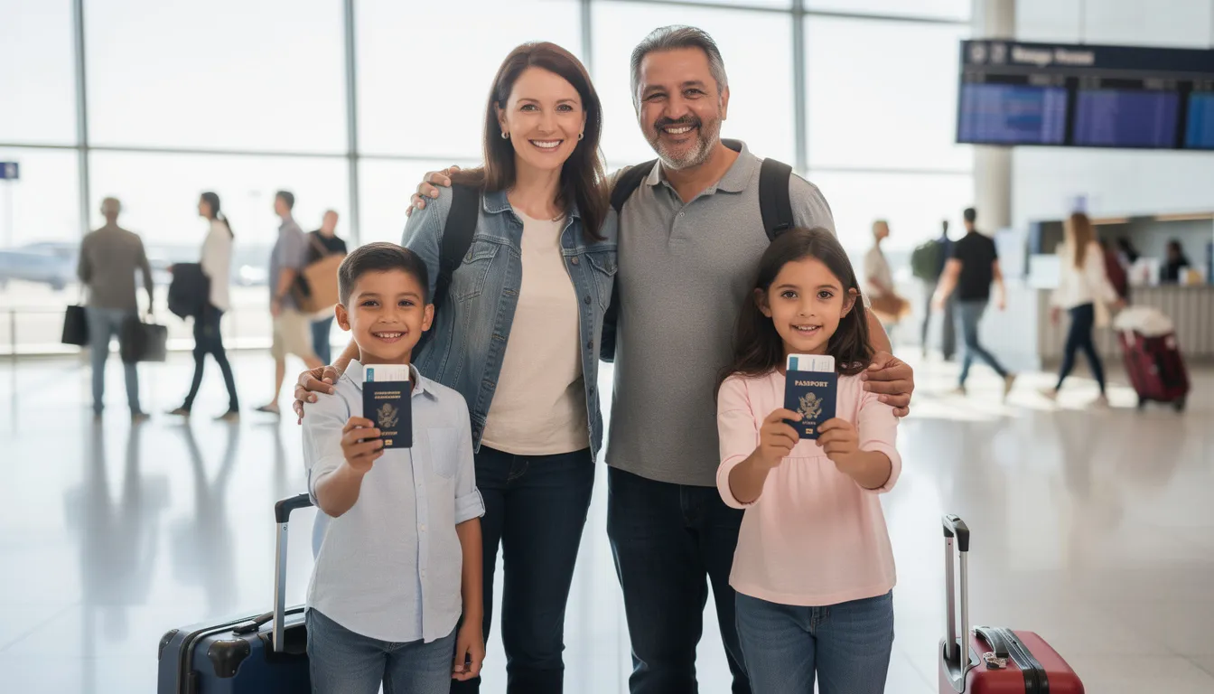 A family stands together, each holding their newly issued U.S. passports, symbolizing their readiness for international travel. The image captures the joy of obtaining valid passports, essential for their upcoming adventures and travel plans.