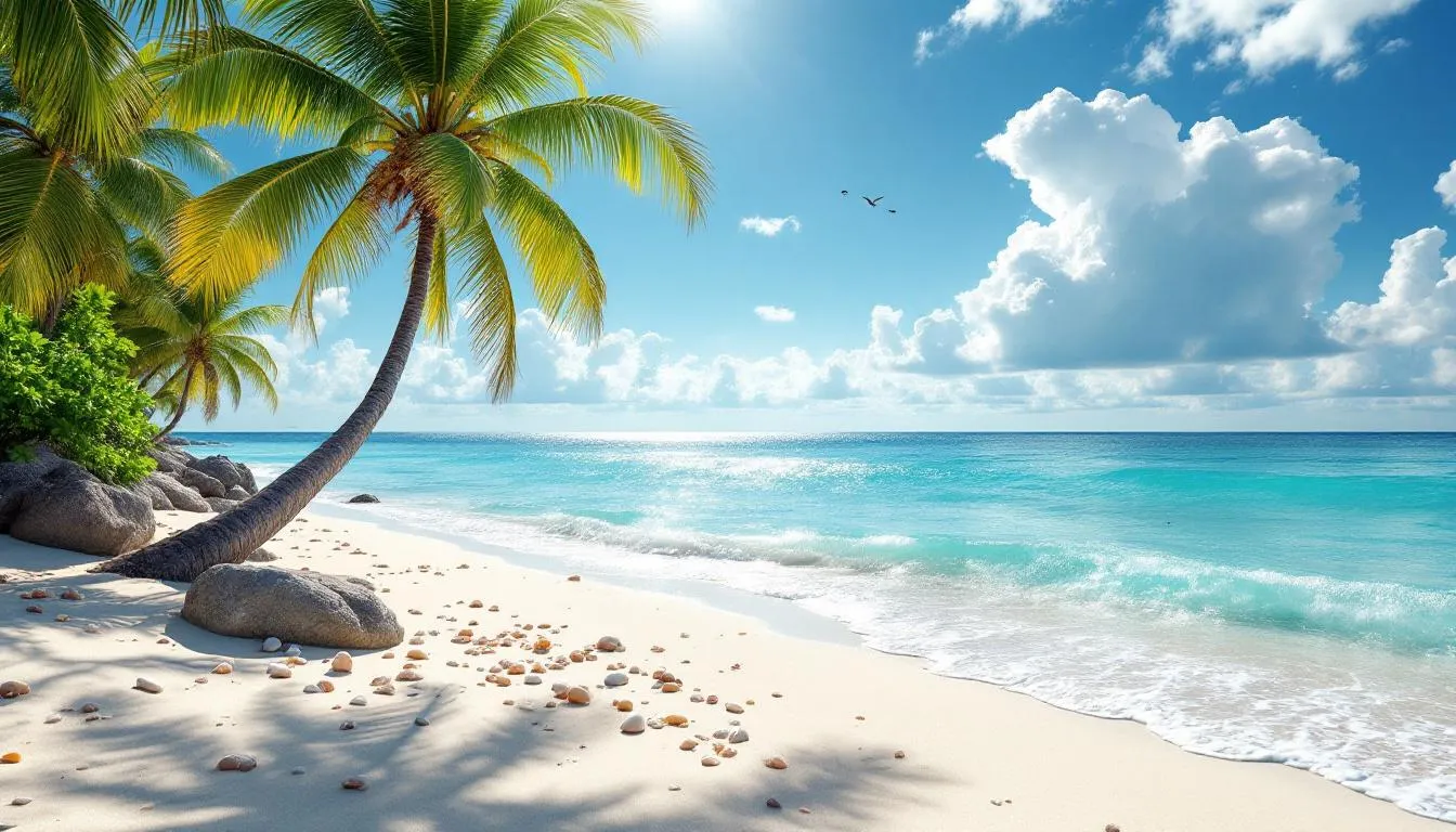 The image depicts a stunning tropical beach with crystal clear waters gently lapping against pristine white sand, embodying the natural beauty of the Caribbean islands. This idyllic scene is perfect for those seeking a dream vacation to passport-free destinations like the US Virgin Islands or the Northern Mariana Islands.