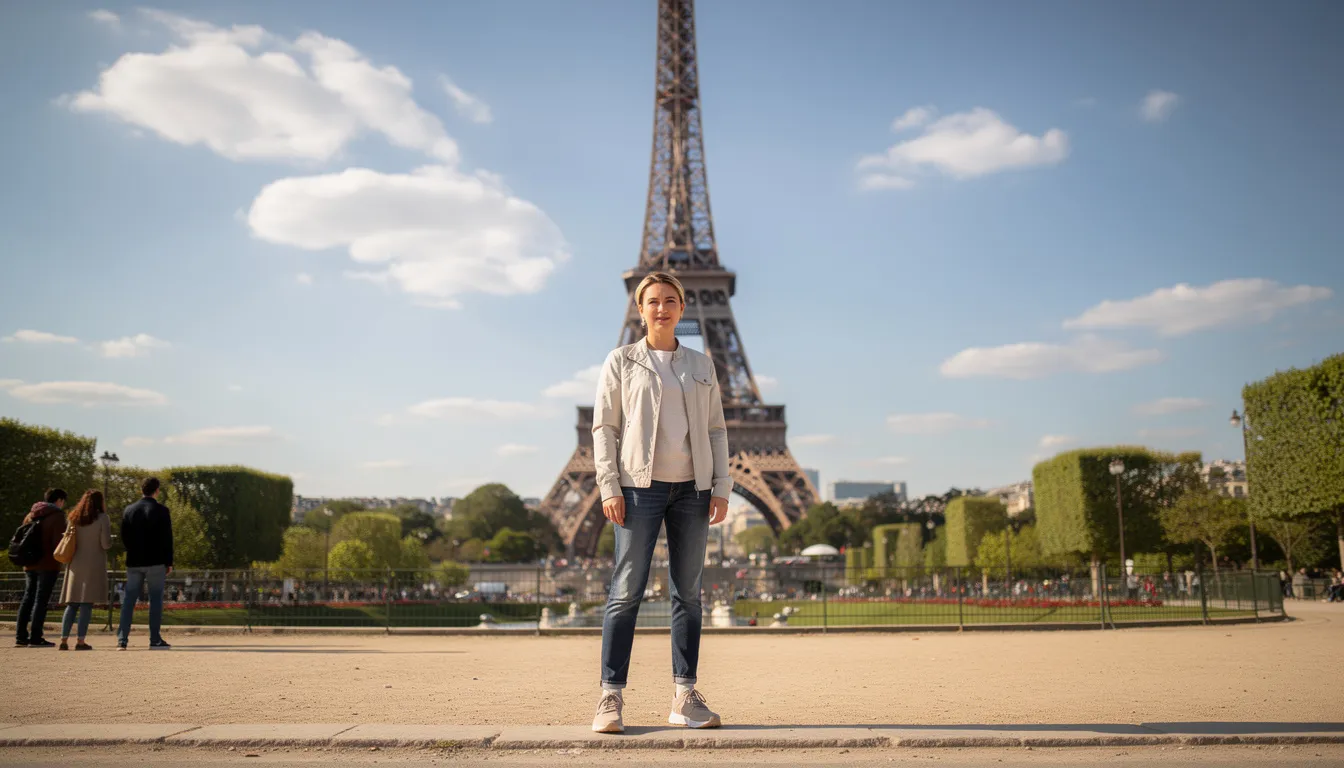 A person stands in front of the iconic Eiffel Tower, capturing a moment of international travel excitement, possibly while holding their passport book or passport card. This image evokes the spirit of adventure and the importance of having a valid passport for exploring the world.