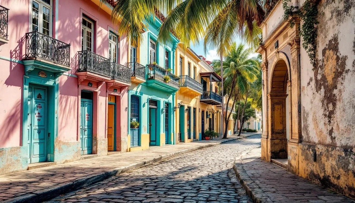 The image depicts colorful historic buildings lining a charming cobblestone street in Old San Juan, Puerto Rico, showcasing the area's rich history and vibrant architecture. This picturesque scene captures the essence of island life, making it a dream vacation spot for US citizens seeking international travel without a passport.