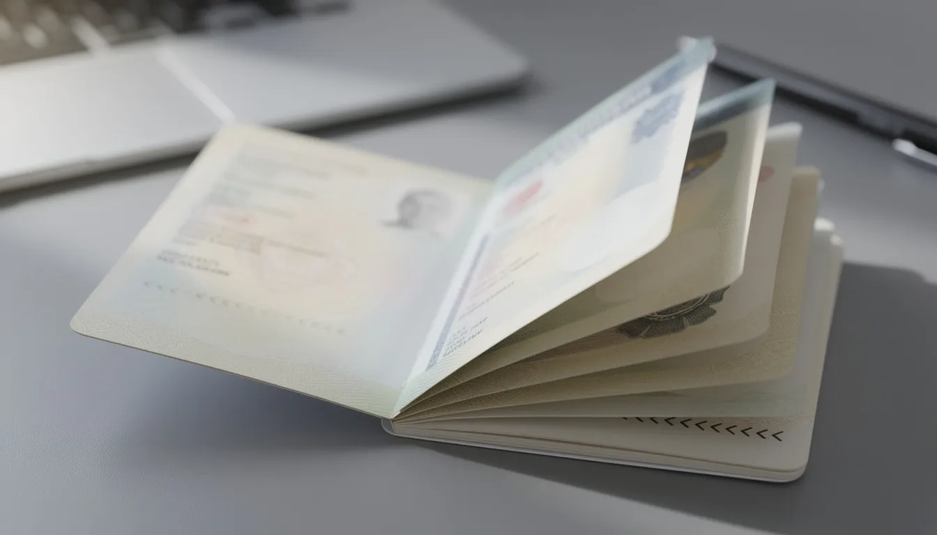 The image depicts a person holding an open passport book with several blank pages, illustrating the process of adding additional passport pages for frequent travelers. The passport is shown alongside documents and a pen, symbolizing the necessary steps to submit a passport renewal application or to add visa pages at a passport agency.