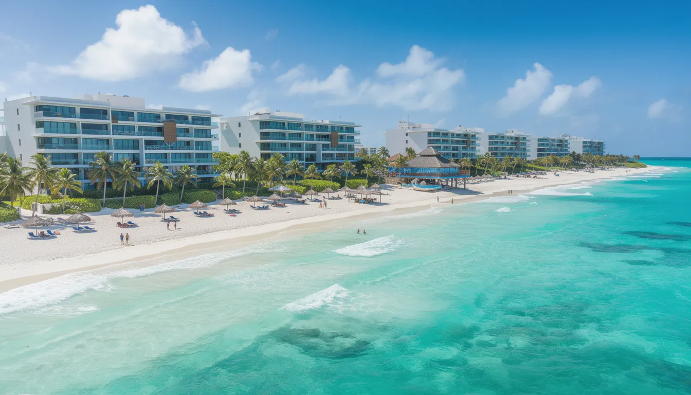 The image showcases a stunning view of Cancun, featuring pristine white sandy beaches and the vibrant blue Caribbean Sea, making it an ideal destination for international visitors. To enter Mexico, U.S. citizens need a valid passport and may need to complete an immigration form upon arrival.